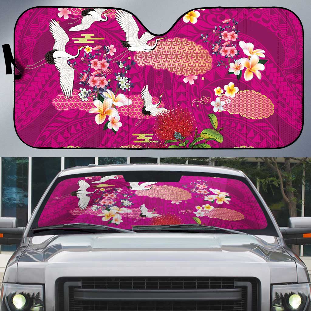 Hawaiian and Japanese Culture Together Auto Sun Shade Pink Ohia Lehua Plumeria and Sakura Blooming - Polynesian Pride