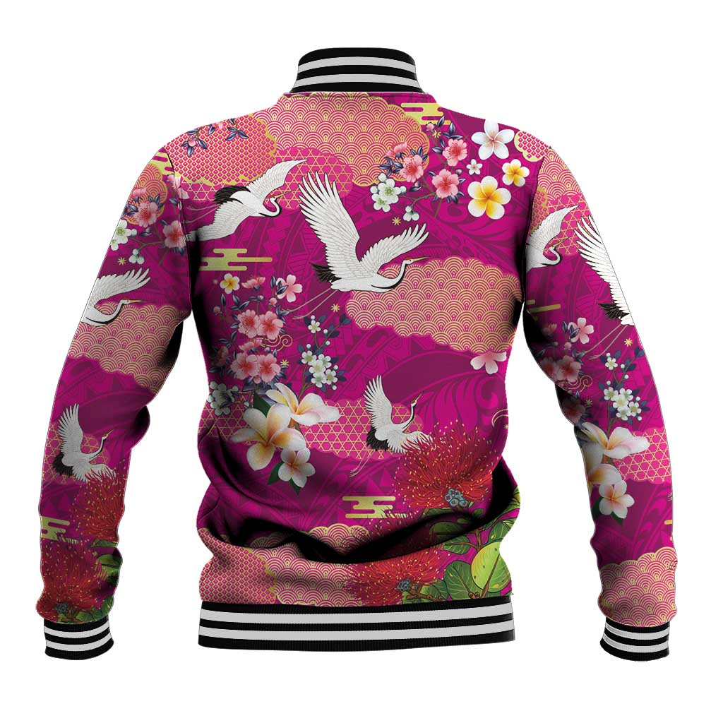 Hawaiian and Japanese Culture Together Baseball Jacket Pink Ohia Lehua Plumeria and Sakura Blooming - Polynesian Pride