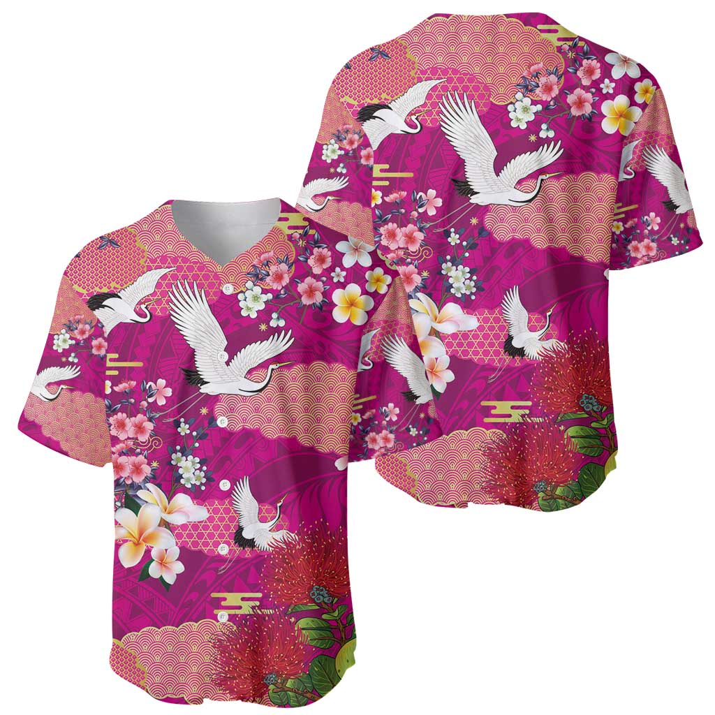 Hawaiian and Japanese Culture Together Baseball Jersey Pink Ohia Lehua Plumeria and Sakura Blooming - Polynesian Pride