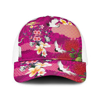 Hawaiian and Japanese Culture Together Baseball Net Cap Pink Ohia Lehua Plumeria and Sakura Blooming - Polynesian Pride