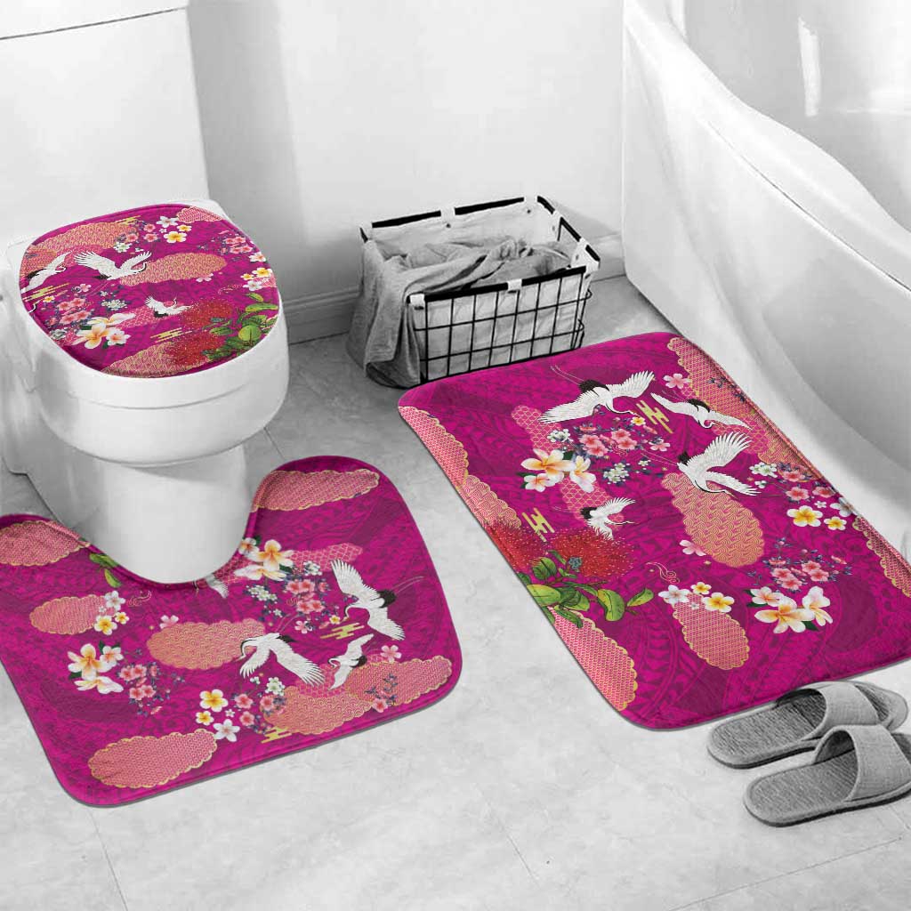Hawaiian and Japanese Culture Together Bathroom Set Pink Ohia Lehua Plumeria and Sakura Blooming - Polynesian Pride