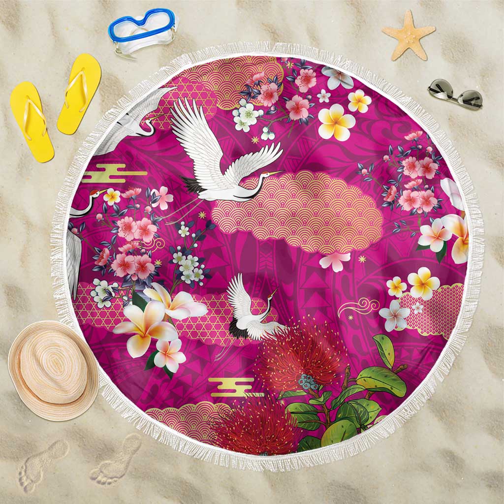 Hawaiian and Japanese Culture Together Beach Blanket Pink Ohia Lehua Plumeria and Sakura Blooming - Polynesian Pride