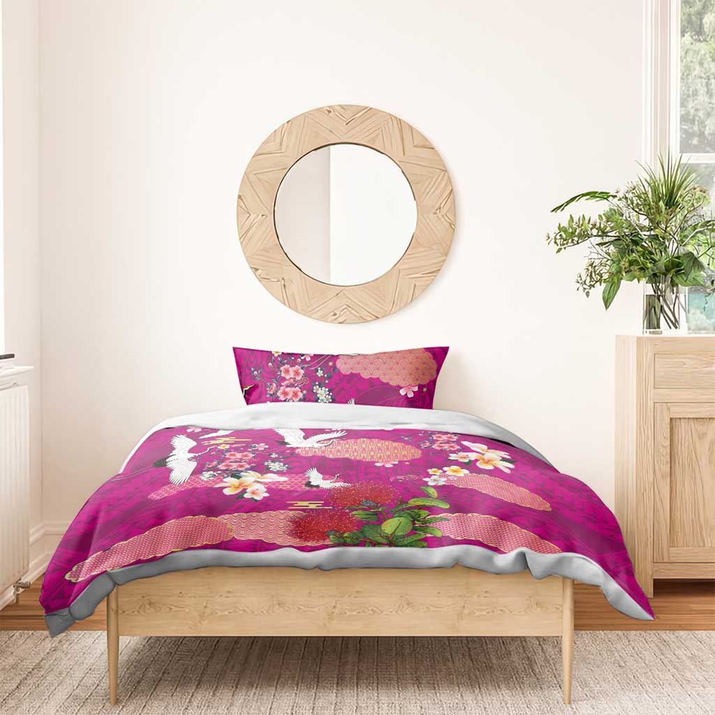 Hawaiian and Japanese Culture Together Bedding Set Pink Ohia Lehua Plumeria and Sakura Blooming - Polynesian Pride