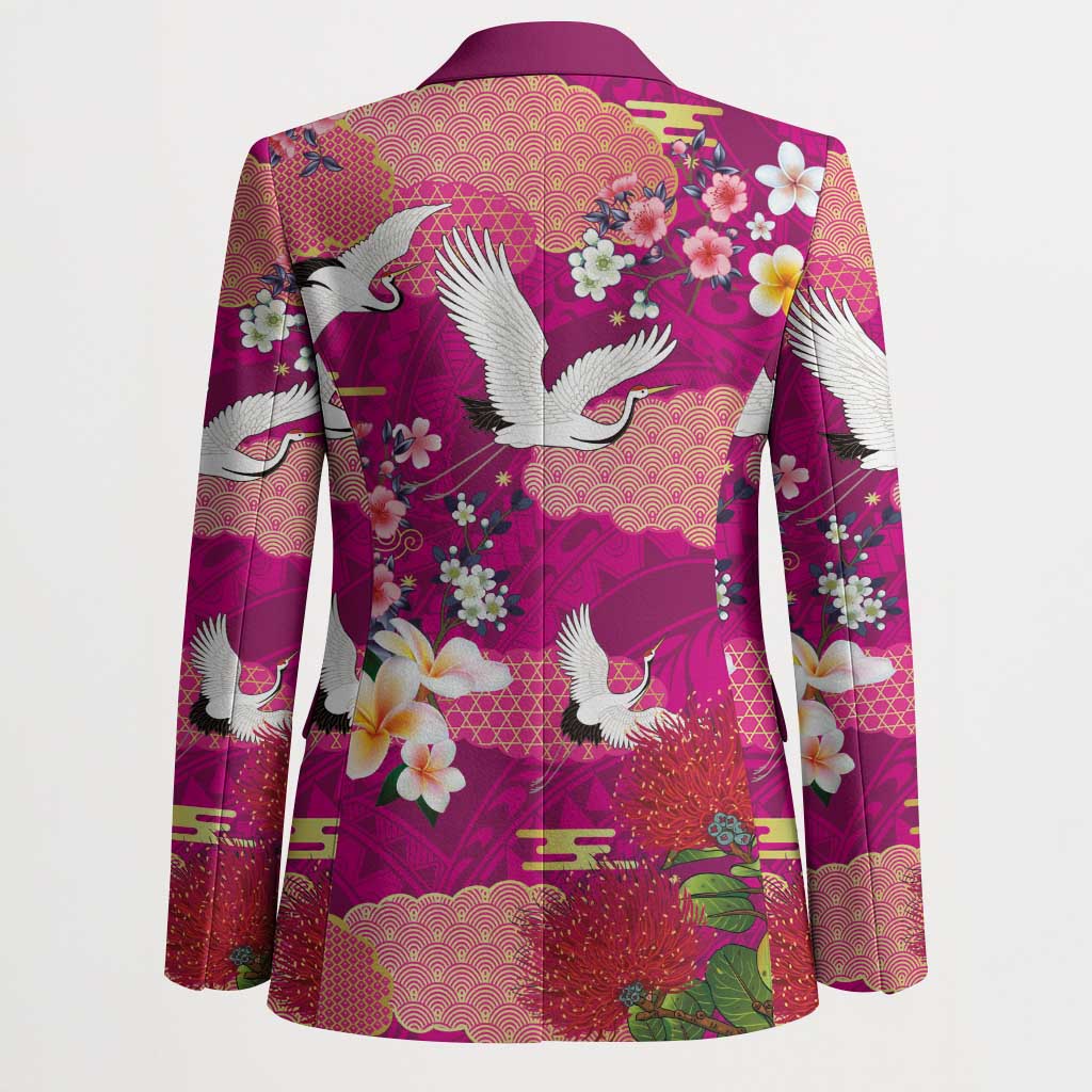 Hawaiian and Japanese Culture Together Blazer Pink Ohia Lehua Plumeria and Sakura Blooming - Polynesian Pride