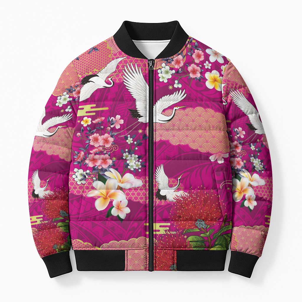 Hawaiian and Japanese Culture Together Bomber Puffer Jacket Pink Ohia Lehua Plumeria and Sakura Blooming - Polynesian Pride