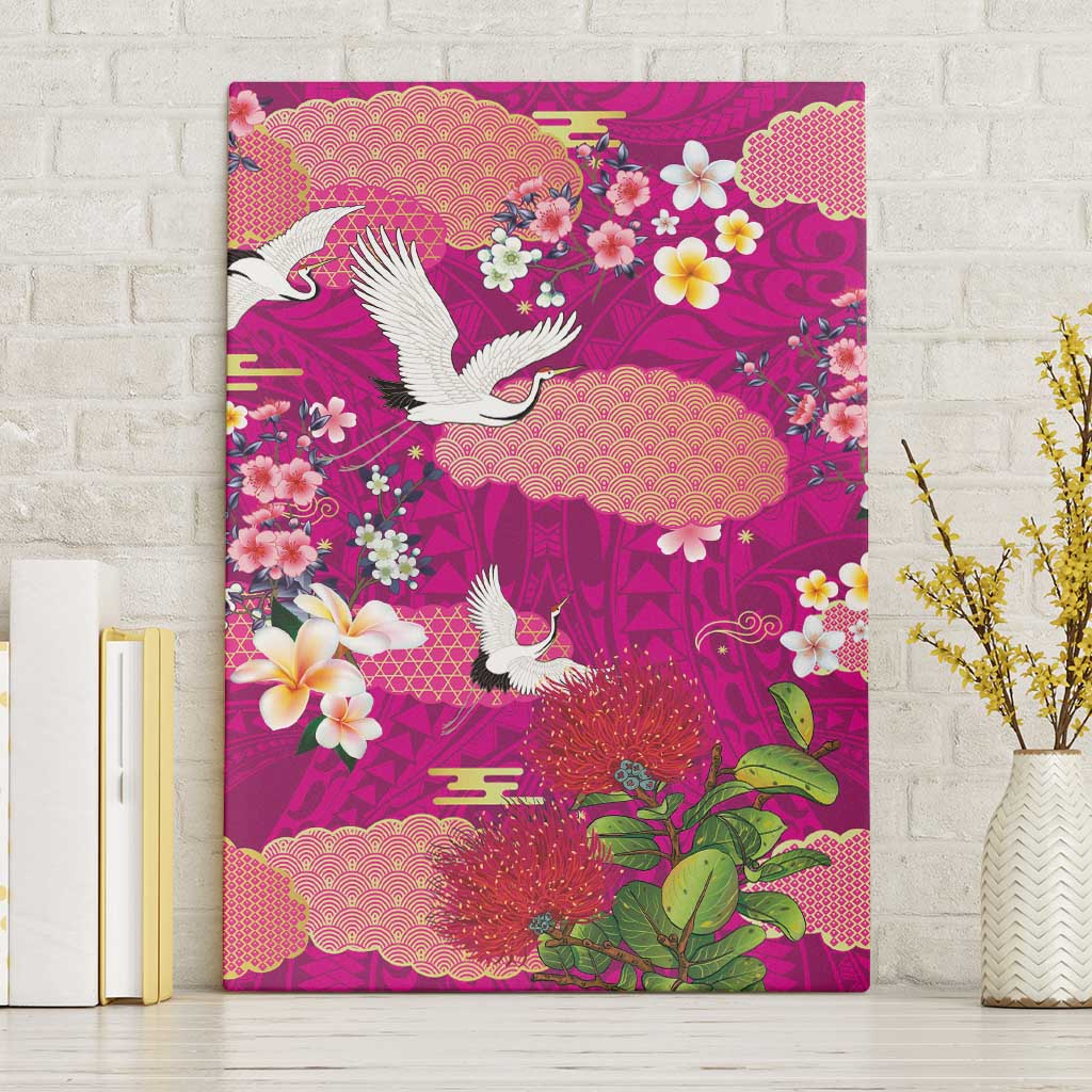 Hawaiian and Japanese Culture Together Canvas Wall Art Pink Ohia Lehua Plumeria and Sakura Blooming - Polynesian Pride