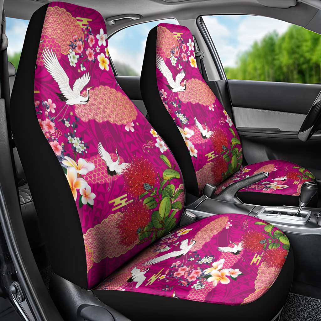 Hawaiian and Japanese Culture Together Car Seat Cover Pink Ohia Lehua Plumeria and Sakura Blooming - Polynesian Pride