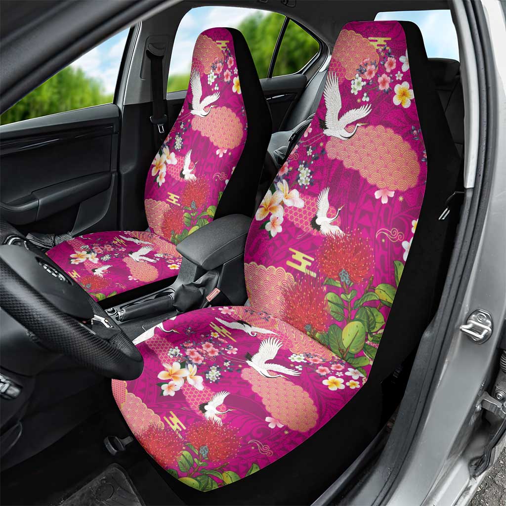 Hawaiian and Japanese Culture Together Car Seat Cover Pink Ohia Lehua Plumeria and Sakura Blooming - Polynesian Pride