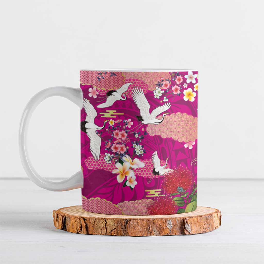 Hawaiian and Japanese Culture Together Ceramic Mug Pink Ohia Lehua Plumeria and Sakura Blooming - Polynesian Pride