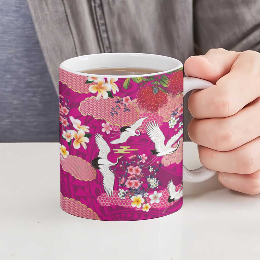 Hawaiian and Japanese Culture Together Ceramic Mug Pink Ohia Lehua Plumeria and Sakura Blooming - Polynesian Pride
