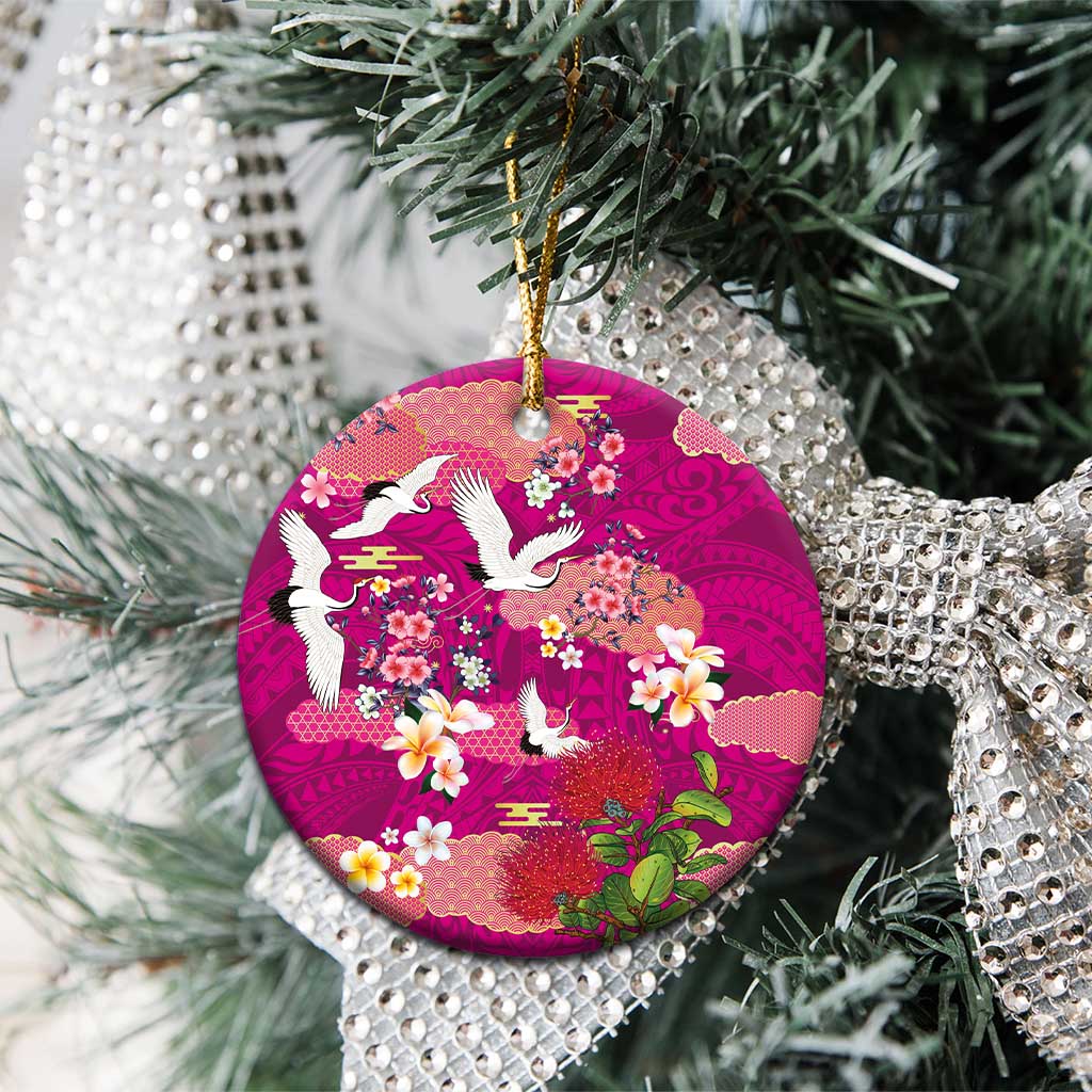 Hawaiian and Japanese Culture Together Ceramic Ornament Pink Ohia Lehua Plumeria and Sakura Blooming - Polynesian Pride