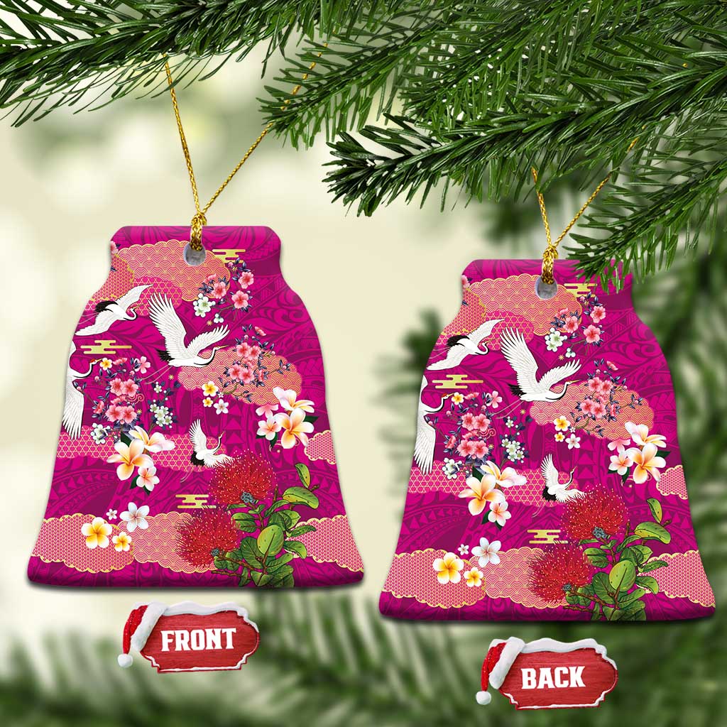 Hawaiian and Japanese Culture Together Ceramic Ornament Pink Ohia Lehua Plumeria and Sakura Blooming - Polynesian Pride
