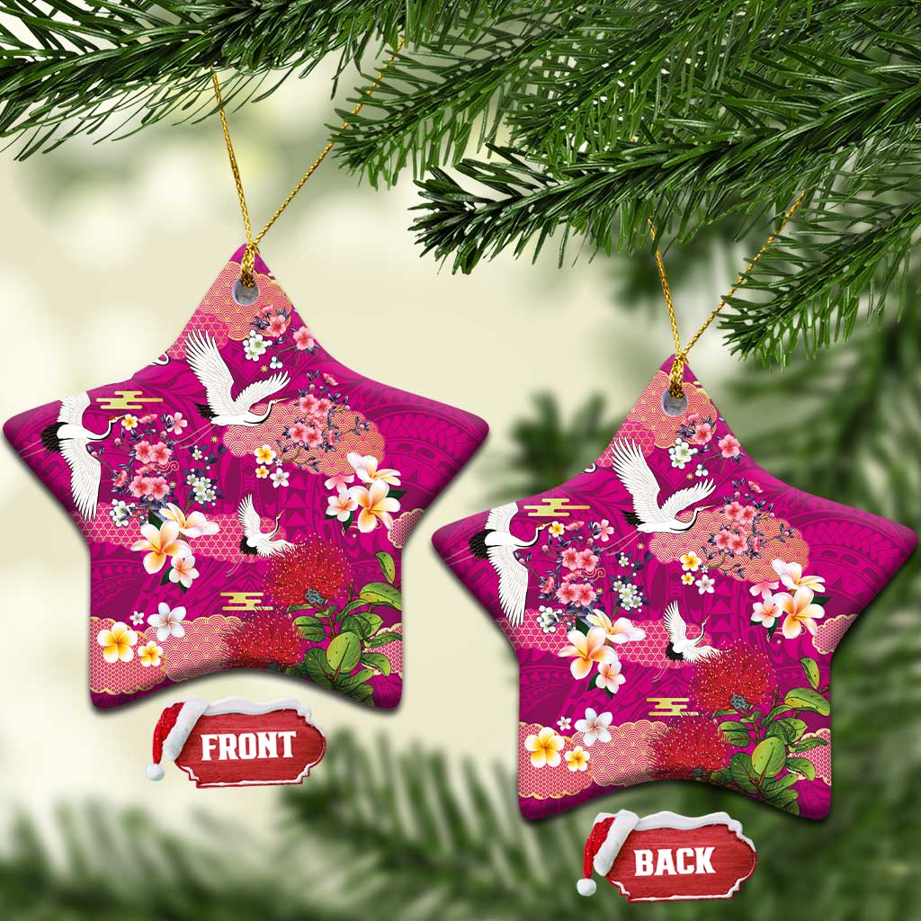 Hawaiian and Japanese Culture Together Ceramic Ornament Pink Ohia Lehua Plumeria and Sakura Blooming - Polynesian Pride