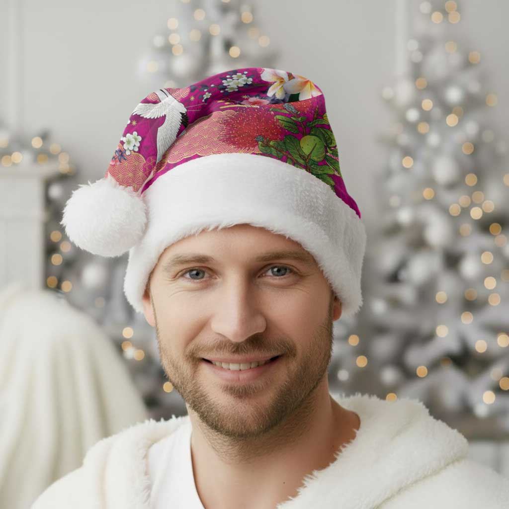 Hawaiian and Japanese Culture Together Christmas Santa Hat Pink Ohia Lehua Plumeria and Sakura Blooming - Polynesian Pride