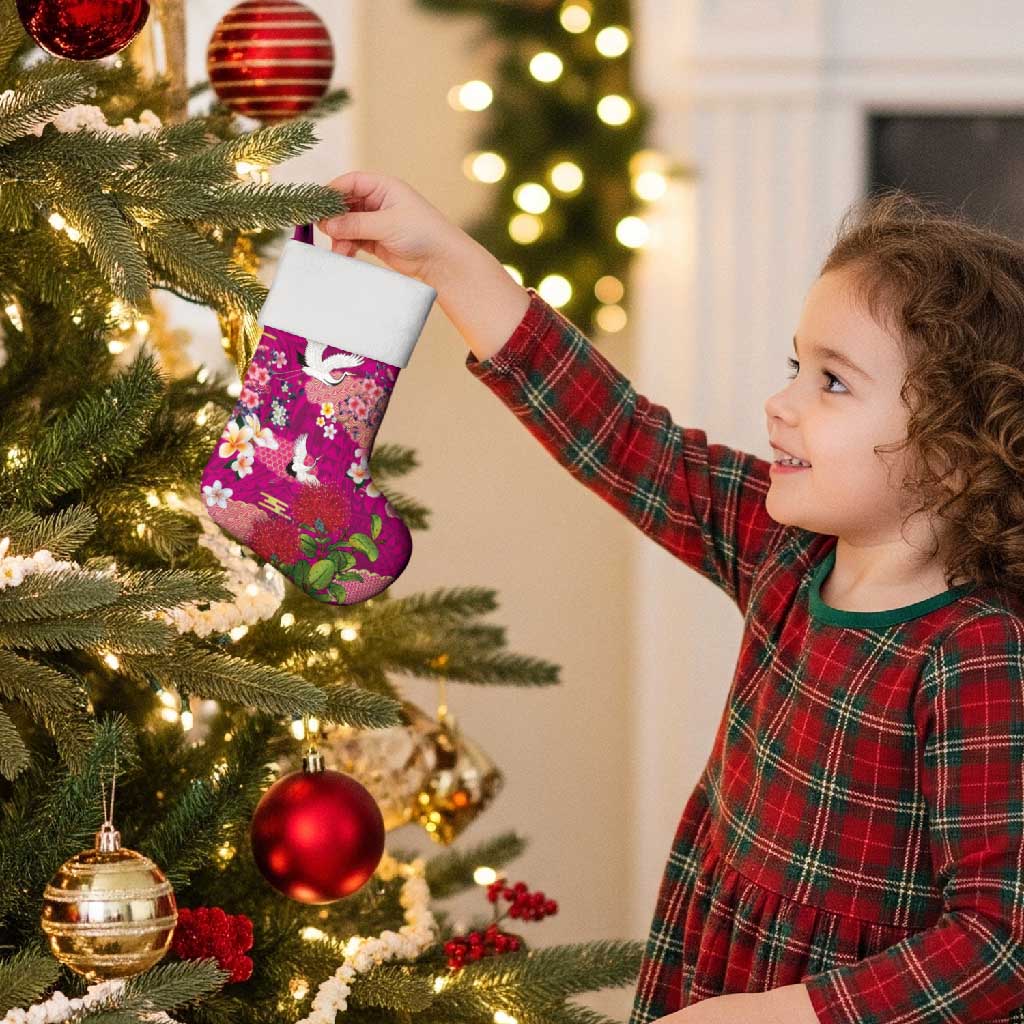 Hawaiian and Japanese Culture Together Christmas Stocking Pink Ohia Lehua Plumeria and Sakura Blooming - Polynesian Pride