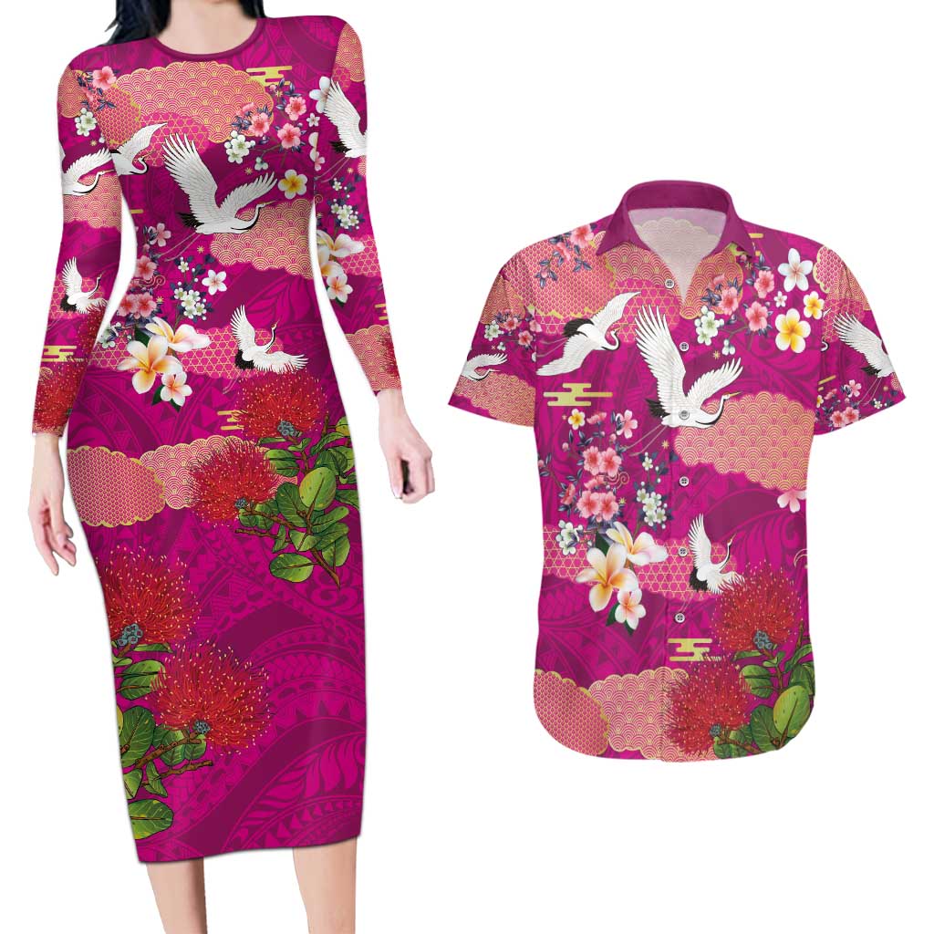 Hawaiian and Japanese Culture Together Couples Matching Long Sleeve Bodycon Dress and Hawaiian Shirt Pink Ohia Lehua Plumeria and Sakura Blooming - Polynesian Pride