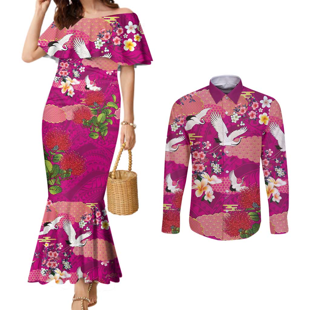 Hawaiian and Japanese Culture Together Couples Matching Mermaid Dress and Long Sleeve Button Shirt Pink Ohia Lehua Plumeria and Sakura Blooming - Polynesian Pride