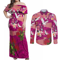 Hawaiian and Japanese Culture Together Couples Matching Off Shoulder Maxi Dress and Long Sleeve Button Shirt Pink Ohia Lehua Plumeria and Sakura Blooming - Polynesian Pride