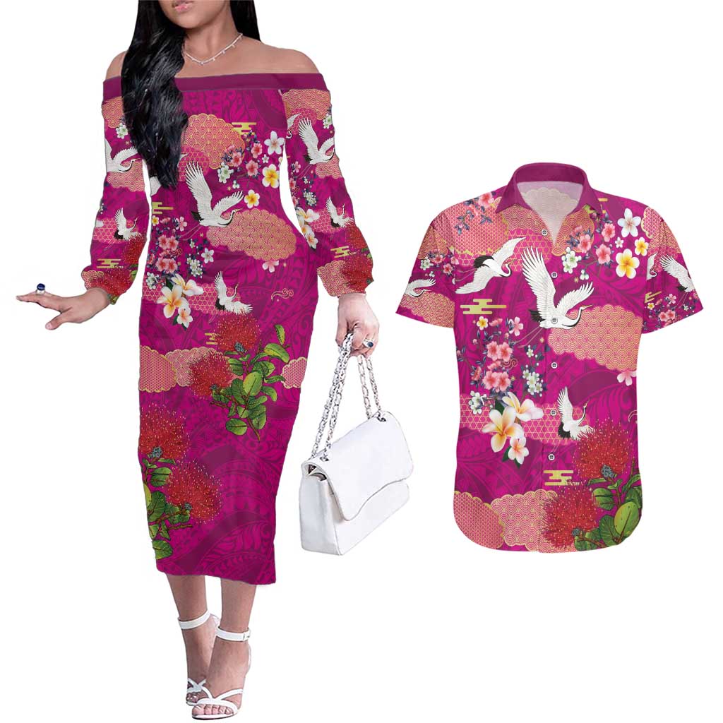 Hawaiian and Japanese Culture Together Couples Matching Off The Shoulder Long Sleeve Dress and Hawaiian Shirt Pink Ohia Lehua Plumeria and Sakura Blooming - Polynesian Pride