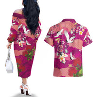 Hawaiian and Japanese Culture Together Couples Matching Off The Shoulder Long Sleeve Dress and Hawaiian Shirt Pink Ohia Lehua Plumeria and Sakura Blooming - Polynesian Pride