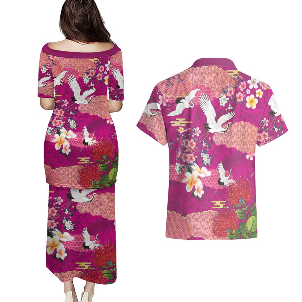 Hawaiian and Japanese Culture Together Couples Matching Puletasi and Hawaiian Shirt Pink Ohia Lehua Plumeria and Sakura Blooming LT03 - Polynesian Pride