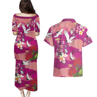 Hawaiian and Japanese Culture Together Couples Matching Puletasi and Hawaiian Shirt Pink Ohia Lehua Plumeria and Sakura Blooming LT03 - Polynesian Pride
