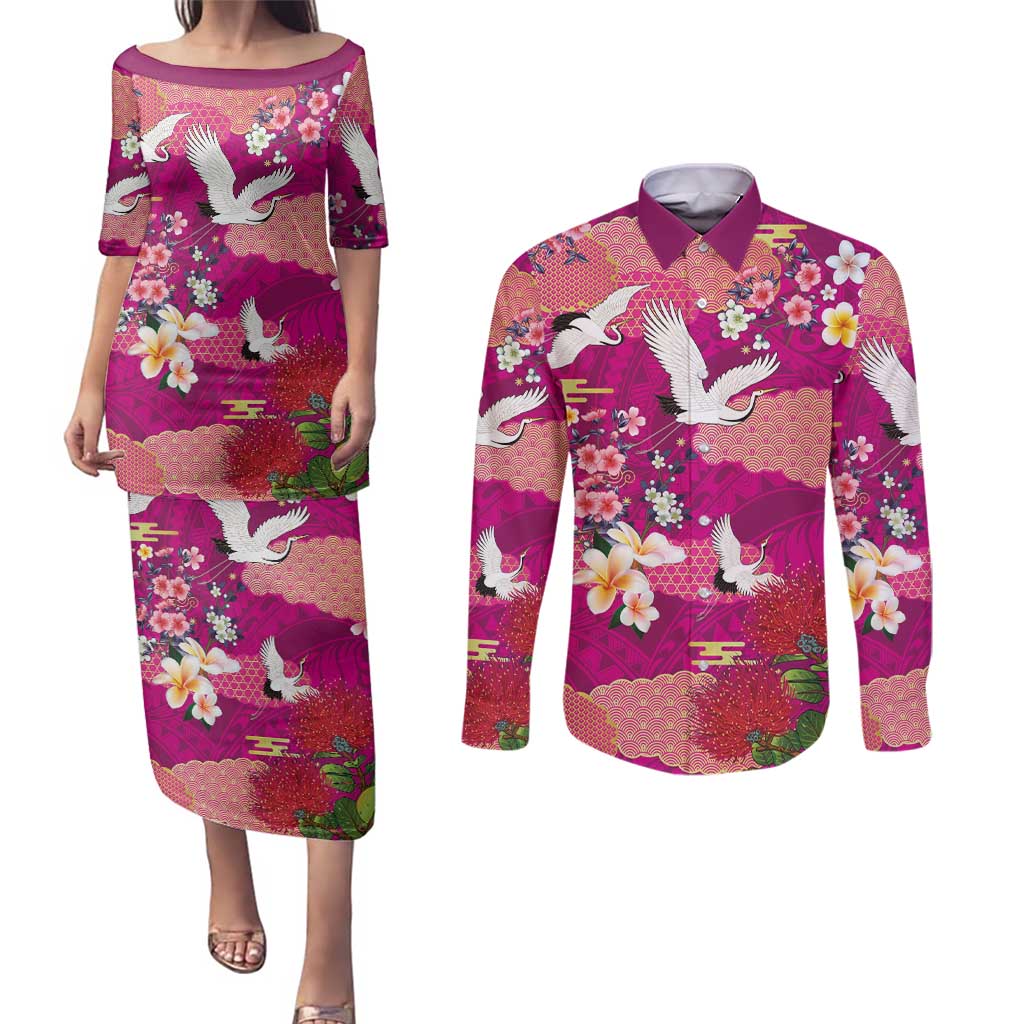 Hawaiian and Japanese Culture Together Couples Matching Puletasi and Long Sleeve Button Shirt Pink Ohia Lehua Plumeria and Sakura Blooming - Polynesian Pride
