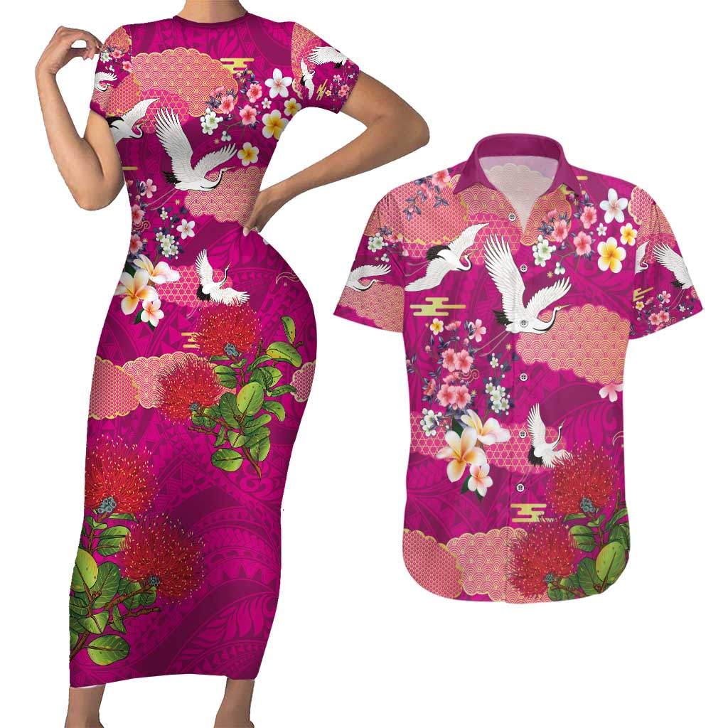 Hawaiian and Japanese Culture Together Couples Matching Short Sleeve Bodycon Dress and Hawaiian Shirt Pink Ohia Lehua Plumeria and Sakura Blooming - Polynesian Pride
