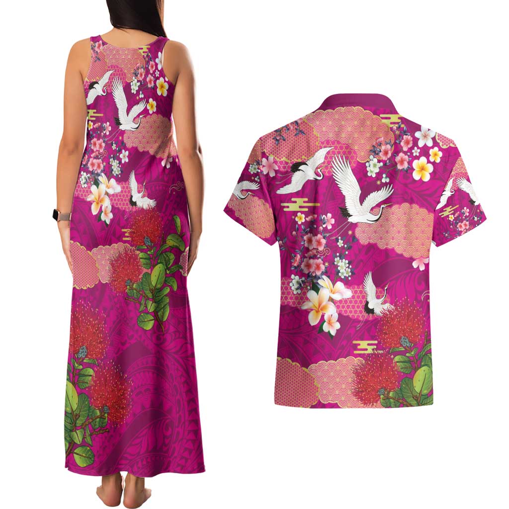 Hawaiian and Japanese Culture Together Couples Matching Tank Maxi Dress and Hawaiian Shirt Pink Ohia Lehua Plumeria and Sakura Blooming - Polynesian Pride