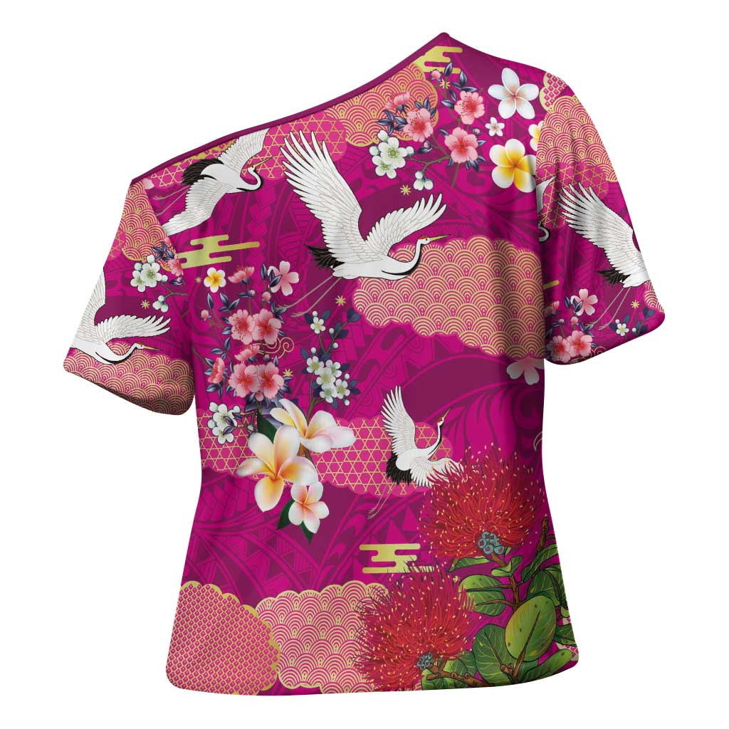 Hawaiian and Japanese Culture Together Cross Shoulder Shirt Pink Ohia Lehua Plumeria and Sakura Blooming - Polynesian Pride