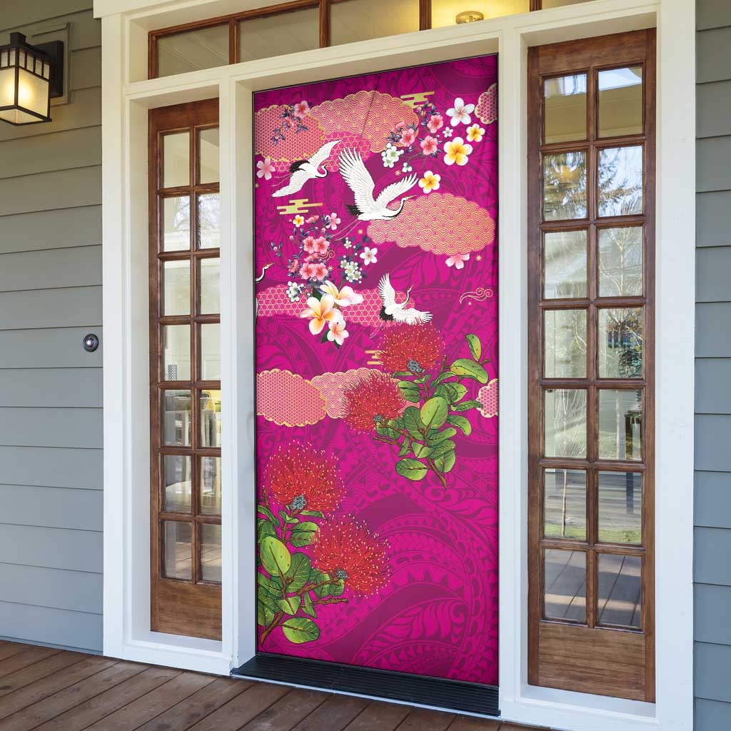 Hawaiian and Japanese Culture Together Door Cover Pink Ohia Lehua Plumeria and Sakura Blooming - Polynesian Pride