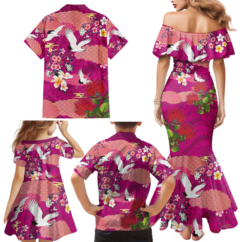 Hawaiian and Japanese Culture Together Family Matching Mermaid Dress and Hawaiian Shirt Pink Ohia Lehua Plumeria and Sakura Blooming - Polynesian Pride