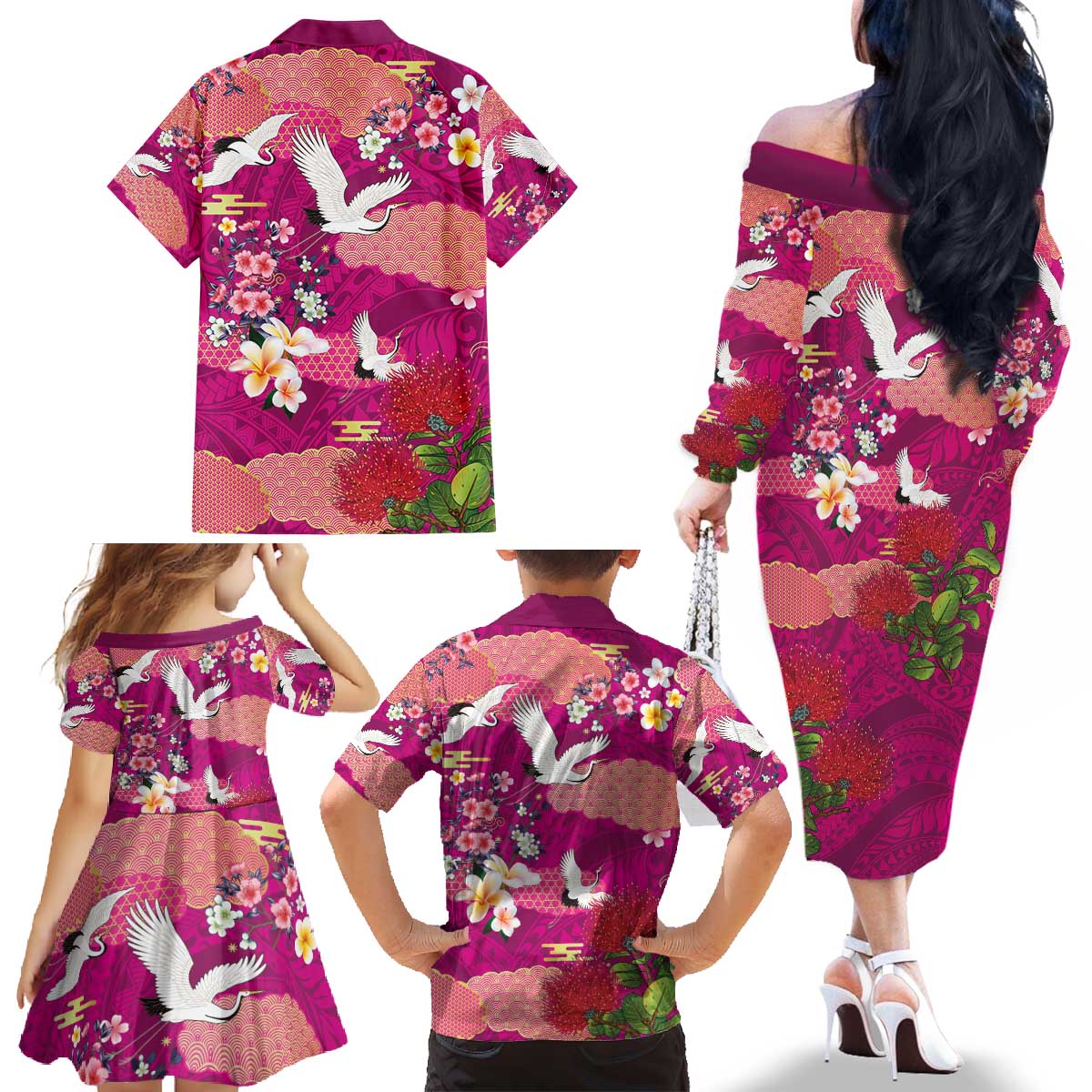 Hawaiian and Japanese Culture Together Family Matching Off The Shoulder Long Sleeve Dress and Hawaiian Shirt Pink Ohia Lehua Plumeria and Sakura Blooming - Polynesian Pride