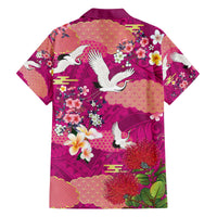 Hawaiian and Japanese Culture Together Family Matching Off The Shoulder Long Sleeve Dress and Hawaiian Shirt Pink Ohia Lehua Plumeria and Sakura Blooming - Polynesian Pride