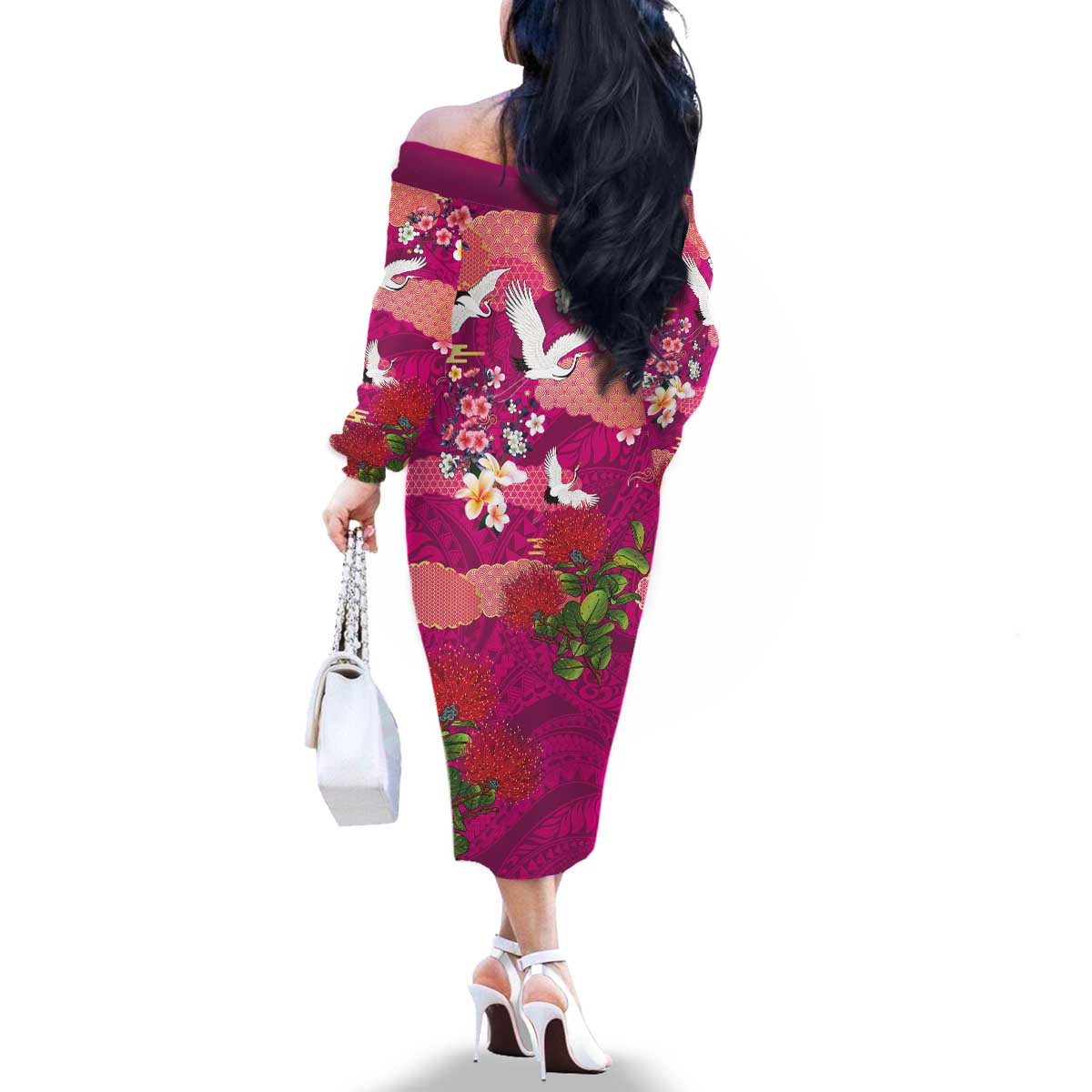 Hawaiian and Japanese Culture Together Family Matching Off The Shoulder Long Sleeve Dress and Hawaiian Shirt Pink Ohia Lehua Plumeria and Sakura Blooming - Polynesian Pride