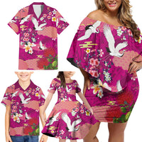 Hawaiian and Japanese Culture Together Family Matching Off Shoulder Short Dress and Hawaiian Shirt Pink Ohia Lehua Plumeria and Sakura Blooming - Polynesian Pride