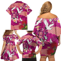 Hawaiian and Japanese Culture Together Family Matching Off Shoulder Short Dress and Hawaiian Shirt Pink Ohia Lehua Plumeria and Sakura Blooming - Polynesian Pride