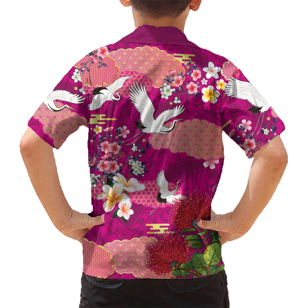 Hawaiian and Japanese Culture Together Family Matching Puletasi and Hawaiian Shirt Pink Ohia Lehua Plumeria and Sakura Blooming LT03 - Polynesian Pride