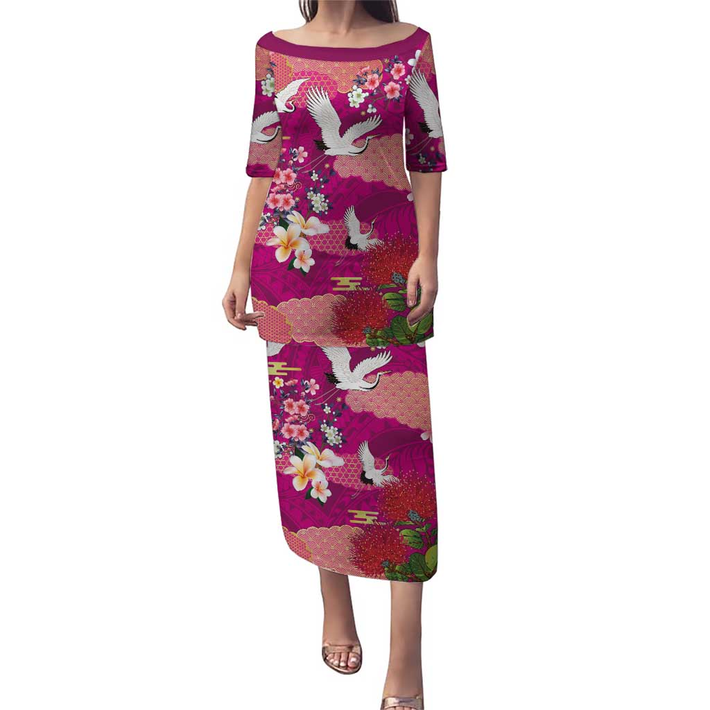 Hawaiian and Japanese Culture Together Family Matching Puletasi and Hawaiian Shirt Pink Ohia Lehua Plumeria and Sakura Blooming LT03 Mom's Dress Pink - Polynesian Pride
