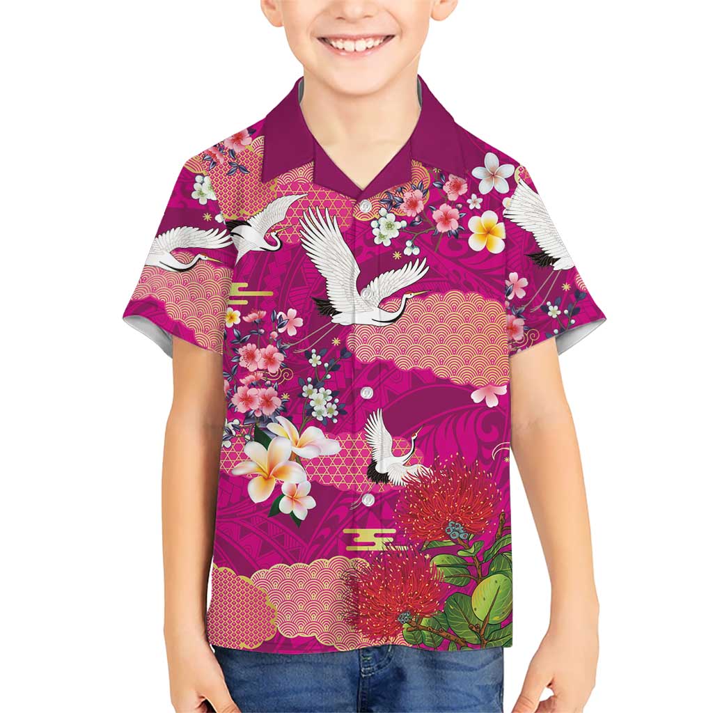 Hawaiian and Japanese Culture Together Family Matching Puletasi and Hawaiian Shirt Pink Ohia Lehua Plumeria and Sakura Blooming LT03 Son's Shirt Pink - Polynesian Pride