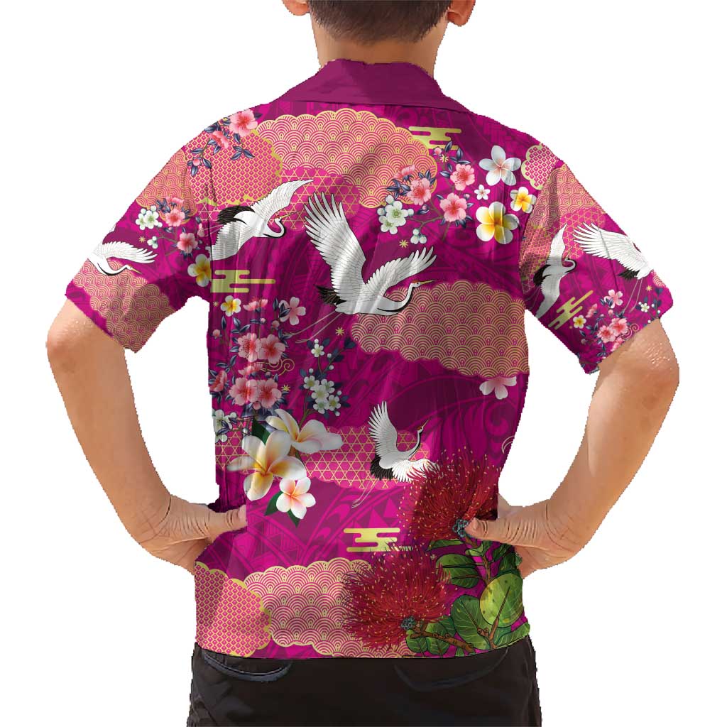 Hawaiian and Japanese Culture Together Family Matching Short Sleeve Bodycon Dress and Hawaiian Shirt Pink Ohia Lehua Plumeria and Sakura Blooming - Polynesian Pride