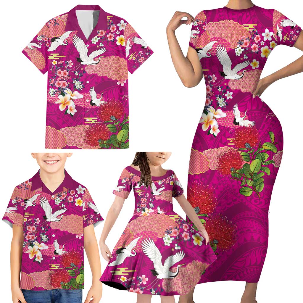 Hawaiian and Japanese Culture Together Family Matching Short Sleeve Bodycon Dress and Hawaiian Shirt Pink Ohia Lehua Plumeria and Sakura Blooming - Polynesian Pride