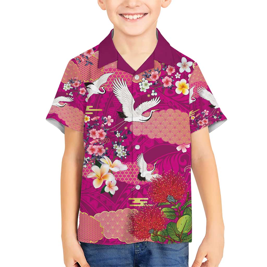 Hawaiian and Japanese Culture Together Family Matching Short Sleeve Bodycon Dress and Hawaiian Shirt Pink Ohia Lehua Plumeria and Sakura Blooming - Polynesian Pride