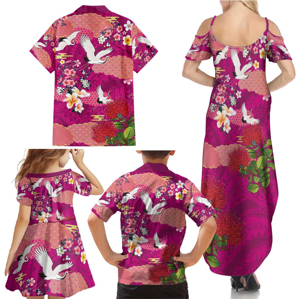 Hawaiian and Japanese Culture Together Family Matching Summer Maxi Dress and Hawaiian Shirt Pink Ohia Lehua Plumeria and Sakura Blooming - Polynesian Pride