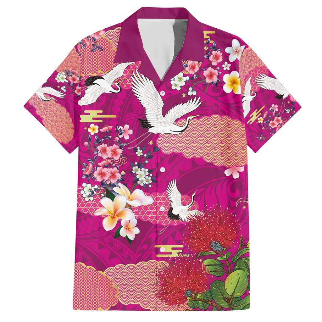 Hawaiian and Japanese Culture Together Family Matching Summer Maxi Dress and Hawaiian Shirt Pink Ohia Lehua Plumeria and Sakura Blooming - Polynesian Pride