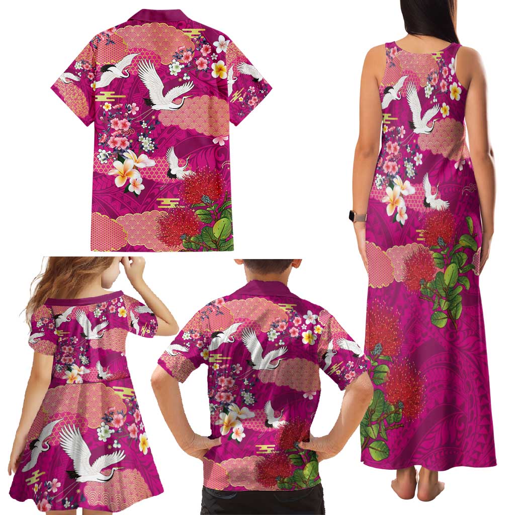 Hawaiian and Japanese Culture Together Family Matching Tank Maxi Dress and Hawaiian Shirt Pink Ohia Lehua Plumeria and Sakura Blooming - Polynesian Pride
