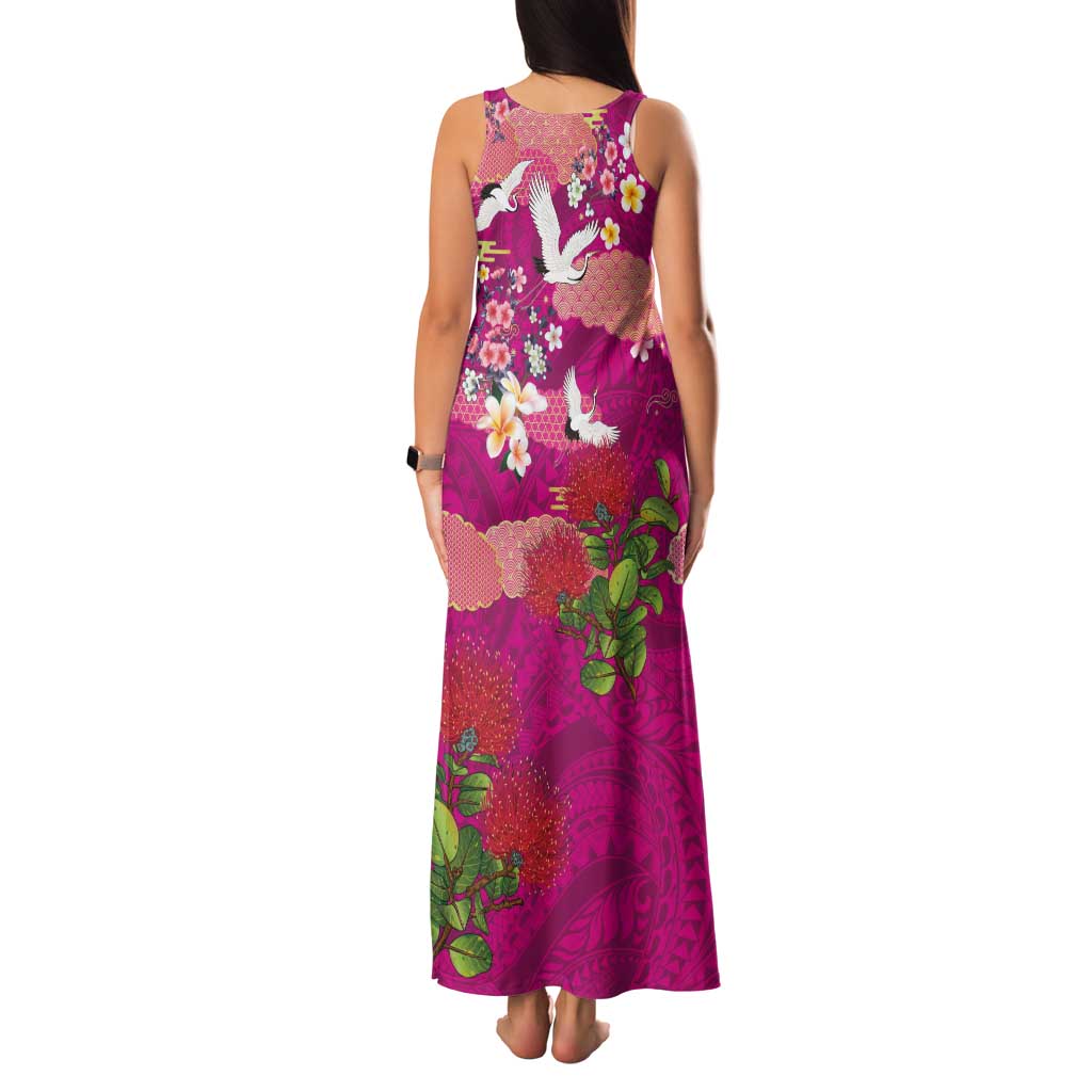 Hawaiian and Japanese Culture Together Family Matching Tank Maxi Dress and Hawaiian Shirt Pink Ohia Lehua Plumeria and Sakura Blooming - Polynesian Pride