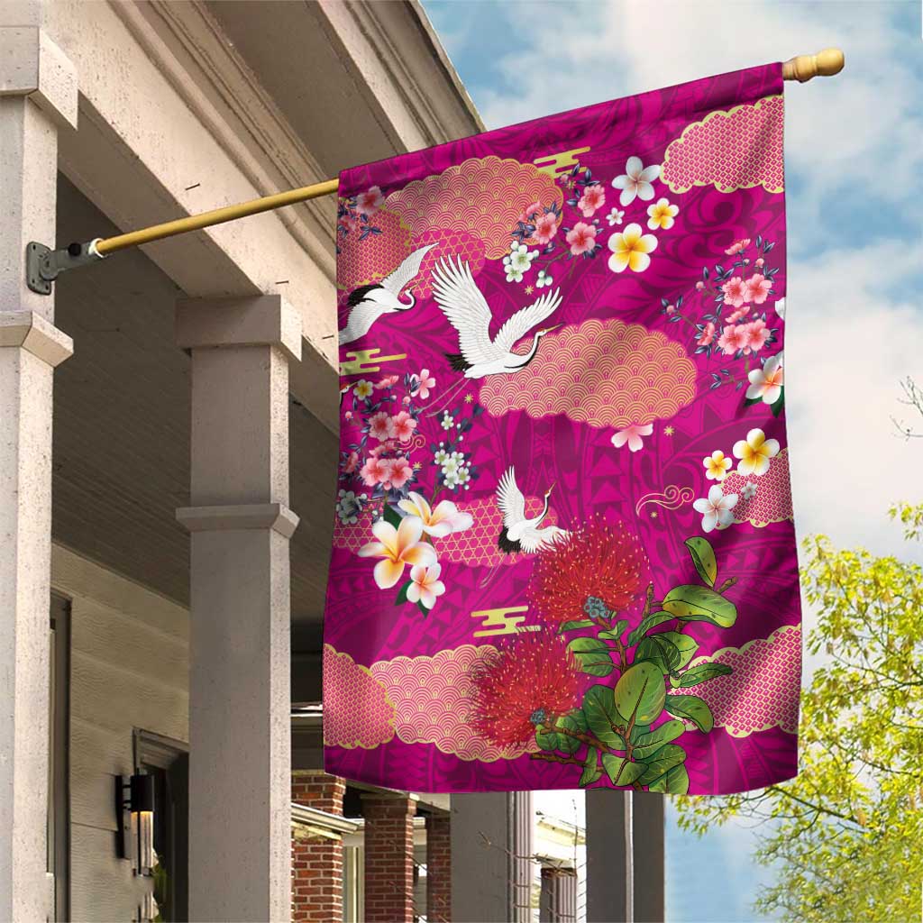 Hawaiian and Japanese Culture Together Garden Flag Pink Ohia Lehua Plumeria and Sakura Blooming - Polynesian Pride