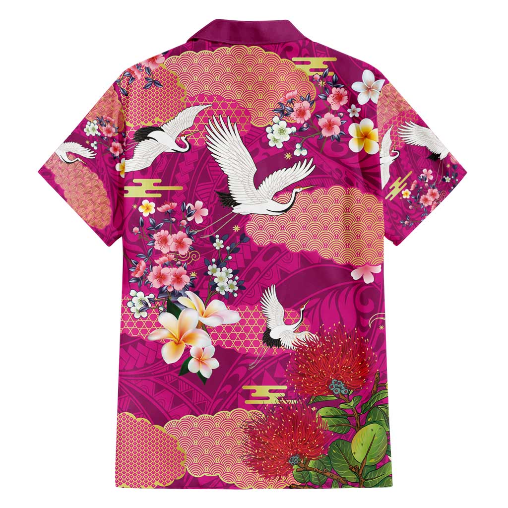 Hawaiian and Japanese Culture Together Hawaiian Shirt Pink Ohia Lehua Plumeria and Sakura Blooming - Polynesian Pride