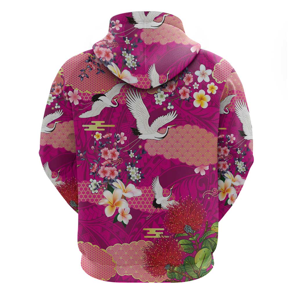 Hawaiian and Japanese Culture Together Hoodie Pink Ohia Lehua Plumeria and Sakura Blooming - Polynesian Pride